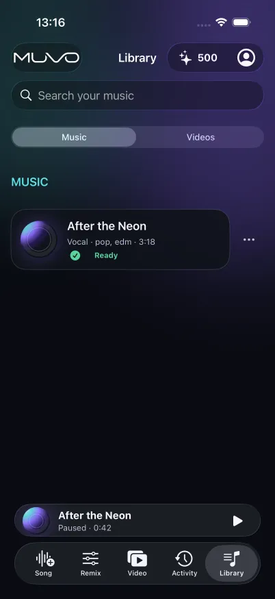 MUVO Library with completed songs and playback controls