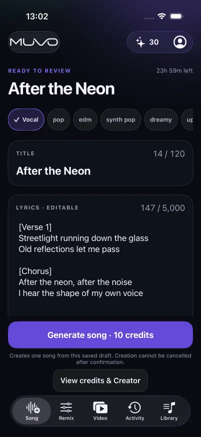 MUVO draft review with editable song title and lyrics