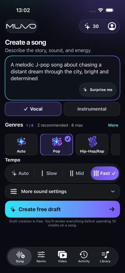 MUVO Create a song screen with a description, genre choices, tempo, and Create free draft action